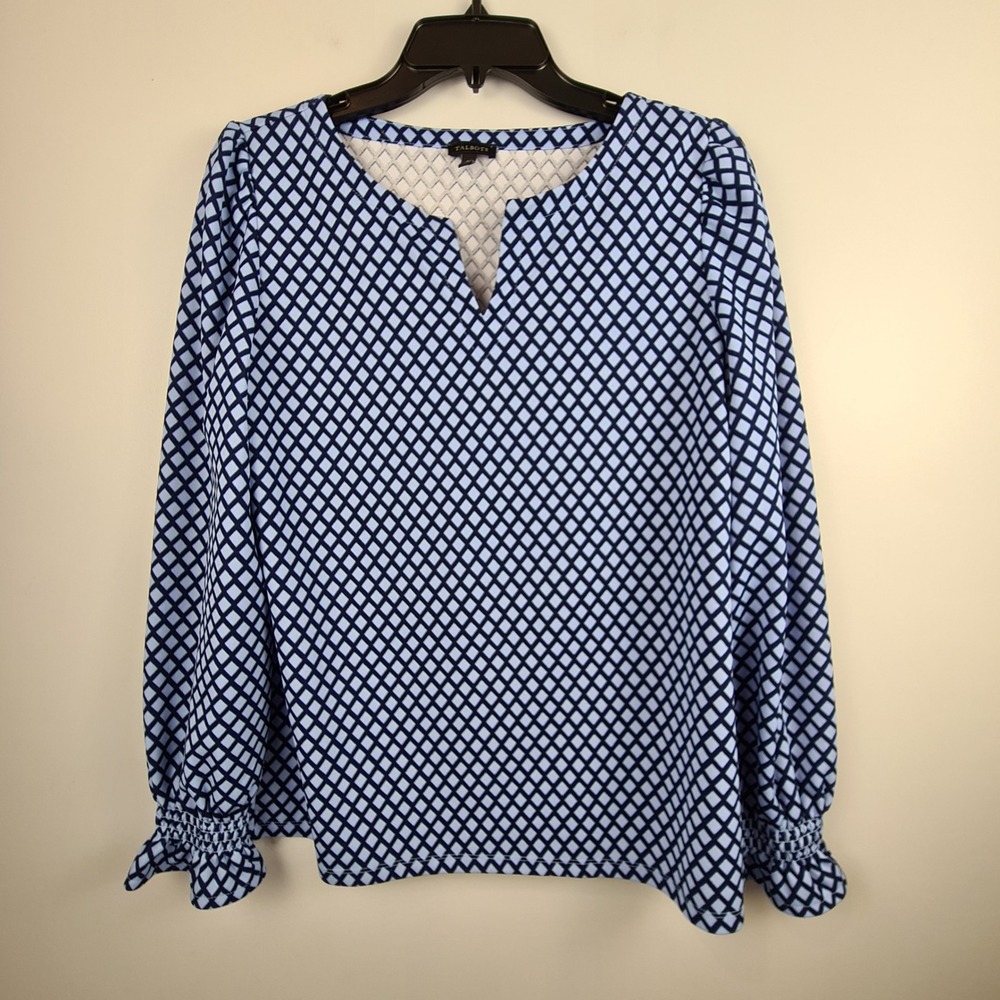 Talbots Womens Blue Diamond Geometric Split Neck Smocked‎ Cuff Blouse Size M
